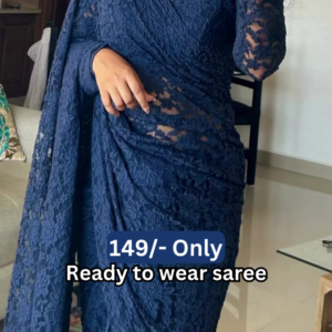 1211-1.png Women’s Dark Blue Lace Saree with Floral Patterns & Matching Blouse – Ready-to-Wear Ethnic Ensemble Styled with Beaded Necklace