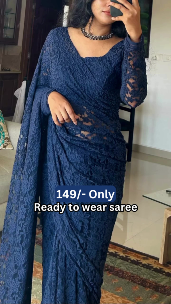 1211-1.png Women’s Dark Blue Lace Saree with Floral Patterns & Matching Blouse – Ready-to-Wear Ethnic Ensemble Styled with Beaded Necklace