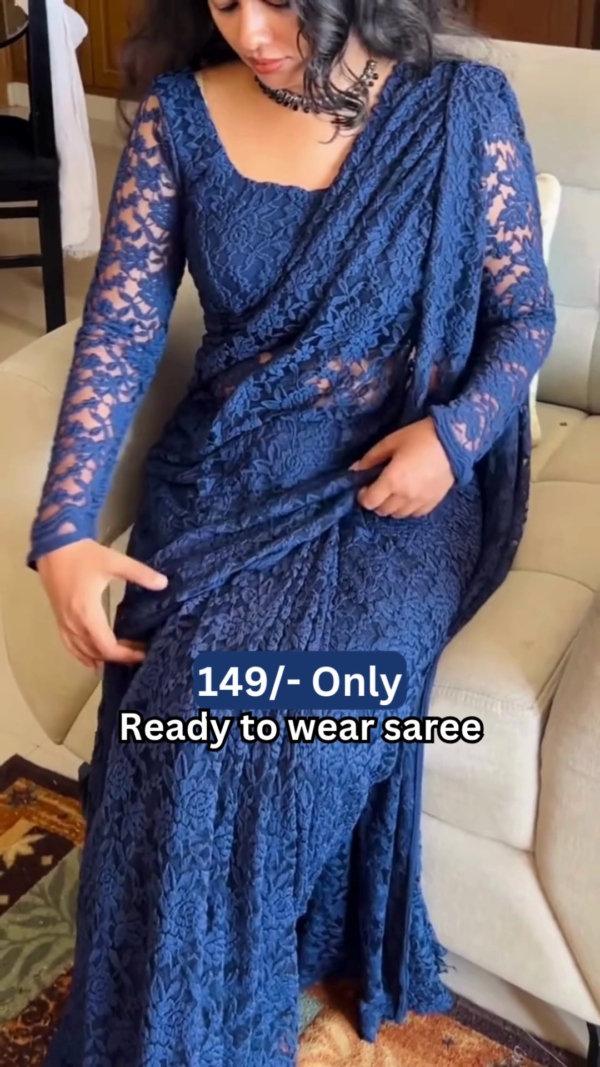 1211-2.png Women’s Dark Blue Lace Saree with Floral Patterns & Matching Blouse – Ready-to-Wear Ethnic Ensemble Styled with Beaded Necklace