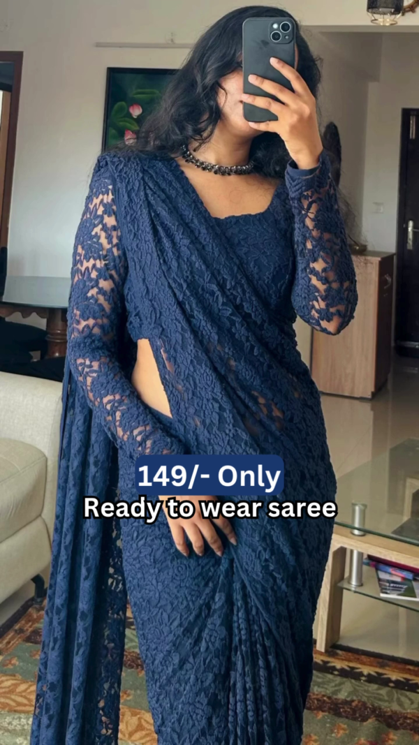 1211-3.png Women’s Dark Blue Lace Saree with Floral Patterns & Matching Blouse – Ready-to-Wear Ethnic Ensemble Styled with Beaded Necklace