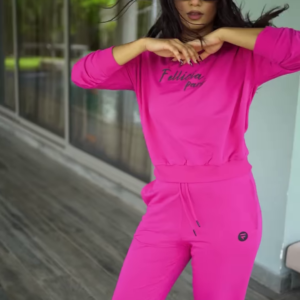 1212-2.png Unisex Bright Pink Tracksuit with Drawstring Joggers & Printed Sweatshirt – Casual Athleisure Set Styled with White Sneakers