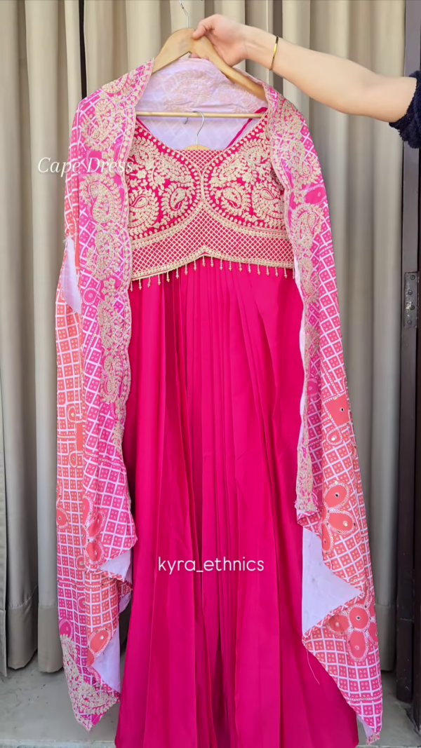 122-1.png Hot Pink Embroidered Cape Dress