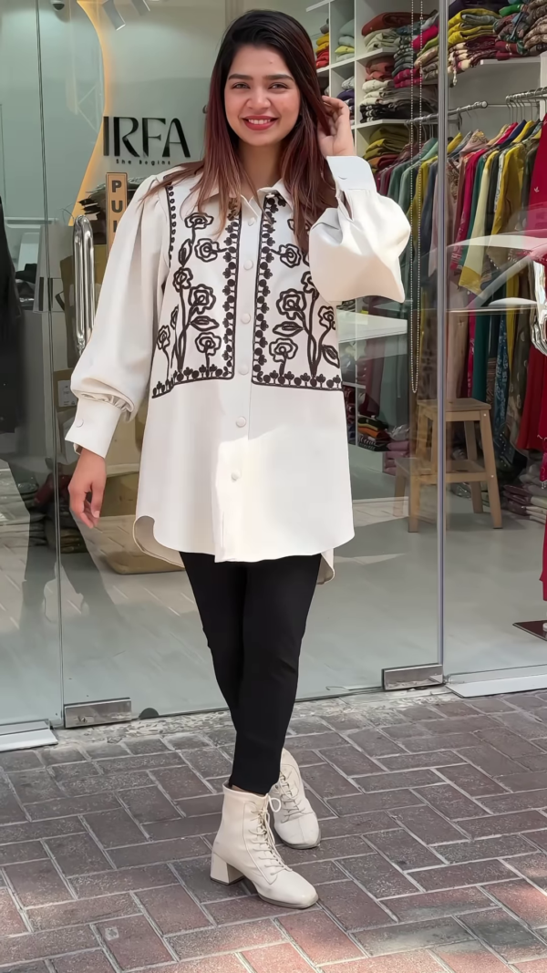 White & Black Embroidered Oversized Shirt