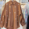 Chic Brown Bow Embroidered Oversized Shirt