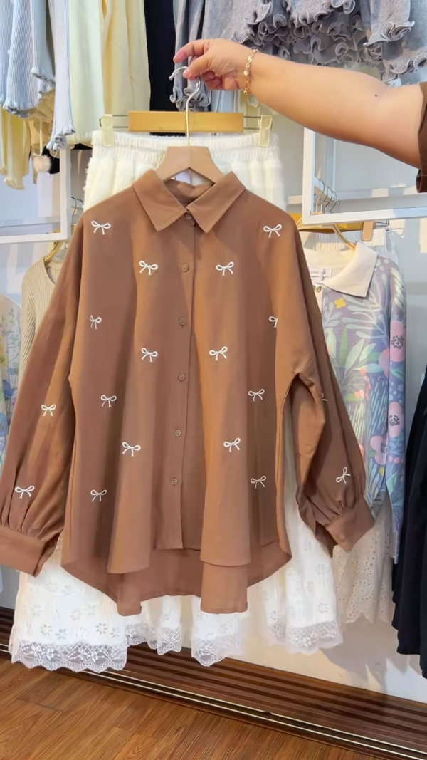 Chic Brown Bow Embroidered Oversized Shirt