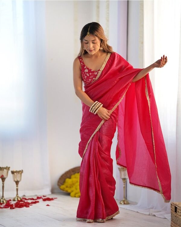 126_0980bd2b-811f-44de-a103-1f6b07e31d23-1.jpg Rani Pink Color Tissue Silk Pre Drapped Saree