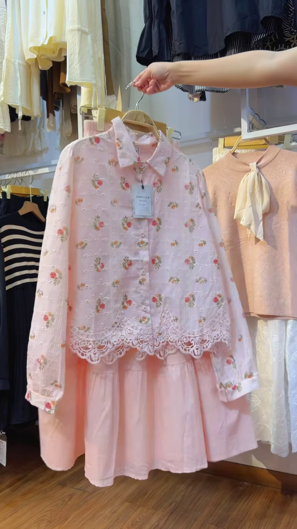 Elegant Pink Floral Embroidered Lace Shirt