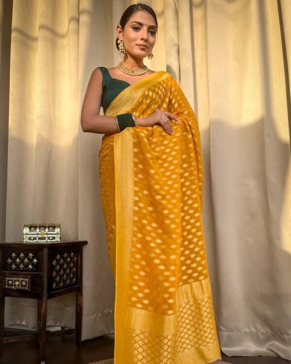 127_d8062df0-dec3-46e0-bcd5-b4d60ae35a6a-1.jpg Beautiful Yellow Color Banarasi Jacquard Weaving Saree
