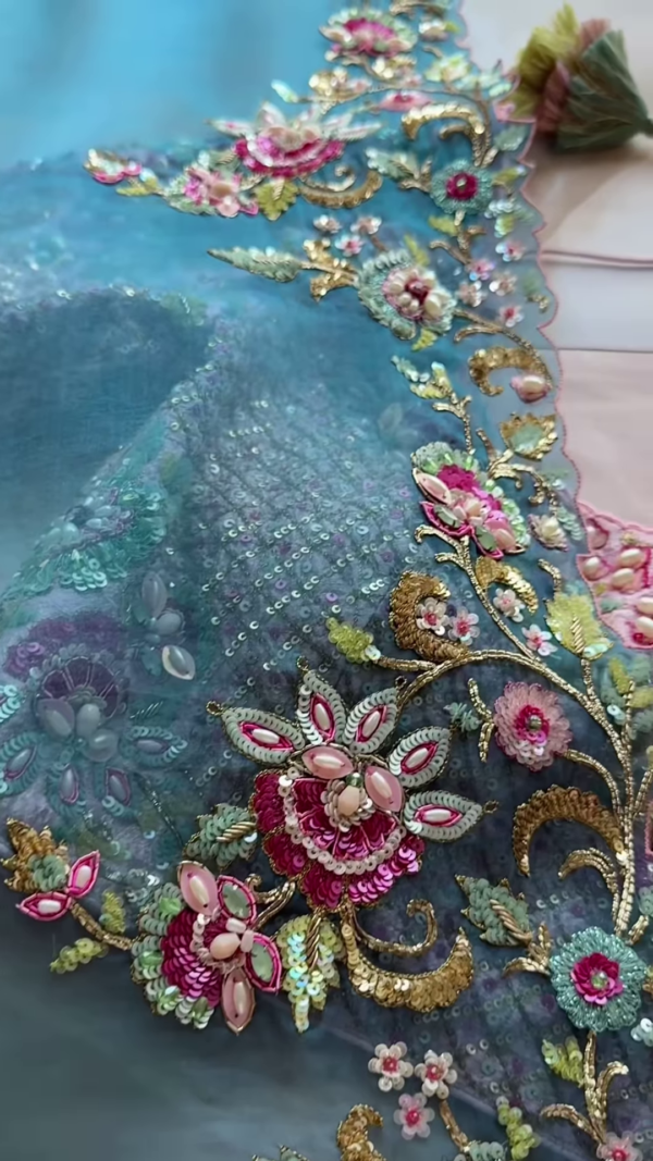 Aqua Blue Heavy Embroidered Net Dupatta