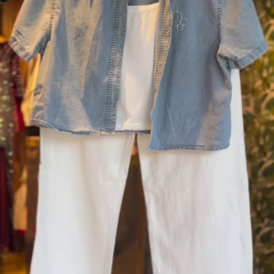 17-1-1.png Embellished Denim Coord Set with White Wide-Leg Pants