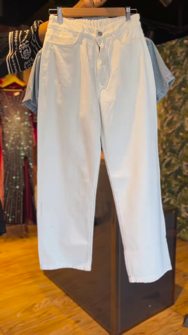 Embellished Denim Coord Set with White Wide-Leg Pants
