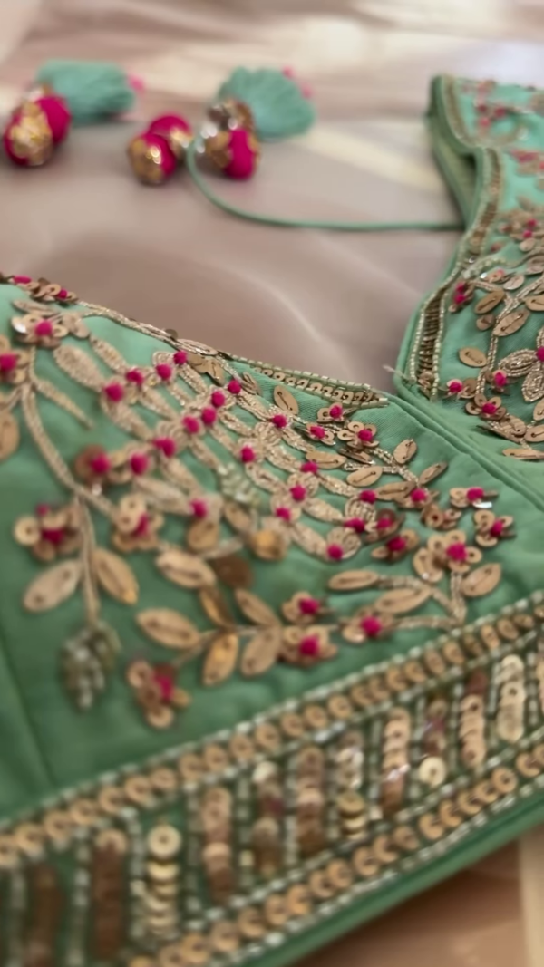 177-2.png Regal Pink & Green Hand-Embroidered Lehenga Set