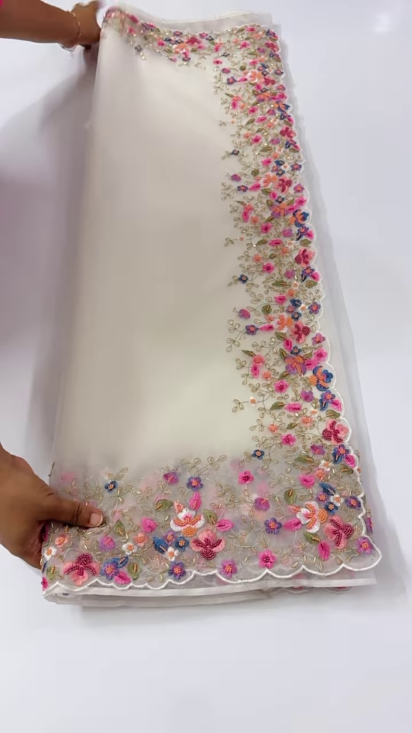 Ivory Organza Dupatta with Multicolor Floral Embroidery