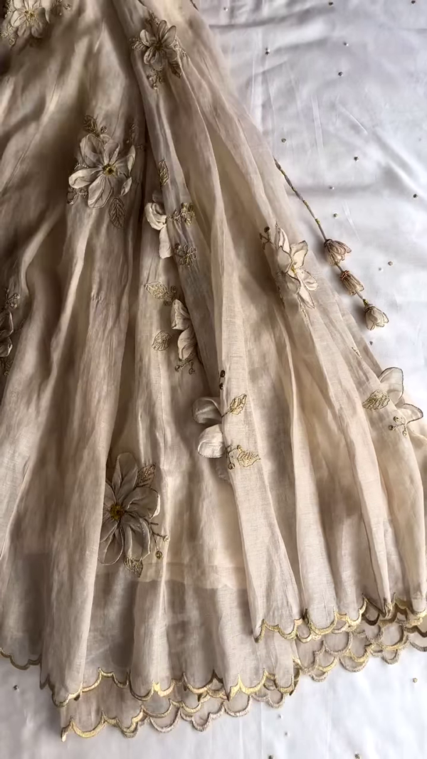 Elegant Ivory Hand-Embroidered Organza Lehenga Set