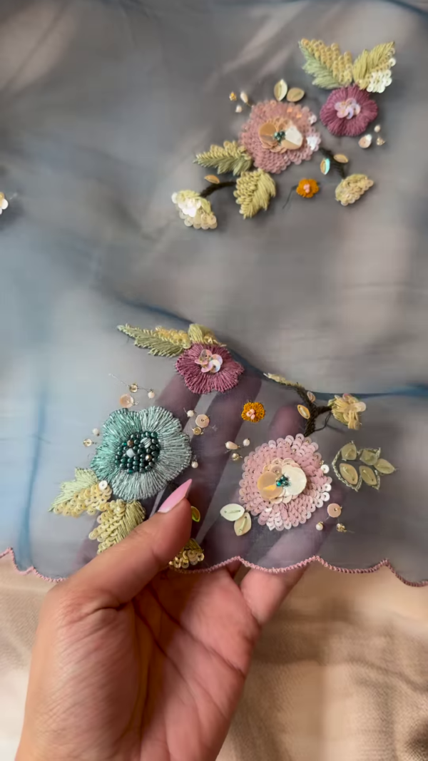 Pastel Hand-Embroidered Floral Organza Fabric