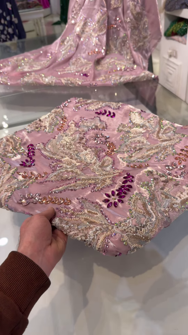 Luxe Hand-Embroidered Pink Net Fabric