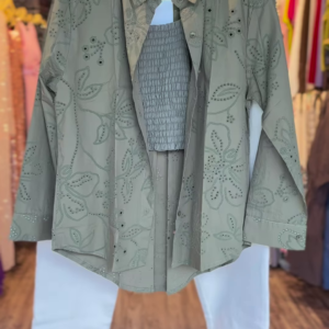 19-1-2.png Olive Green Eyelet Embroidered Coord Set