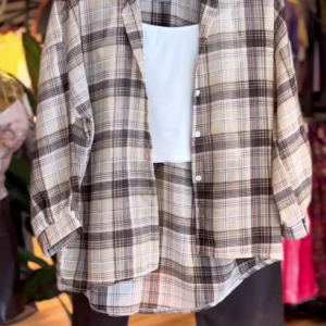 21-1-1.png Classic Beige Checkered Shirt Co-ord Set with White Tank & Black Pants