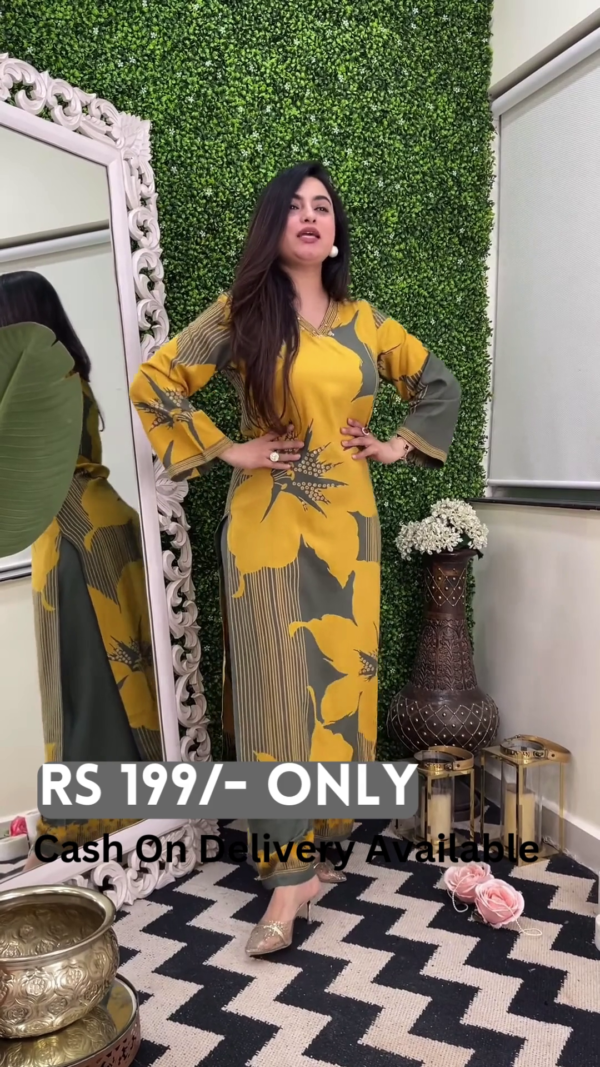 Chic Mustard & Grey Printed Long Dress – Effortless Elegance