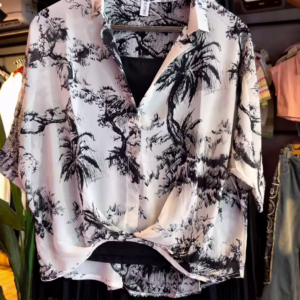25-2.png Monochrome Palm-Print Satin Co-ord with Draped Top & Sheer Layered Skirt