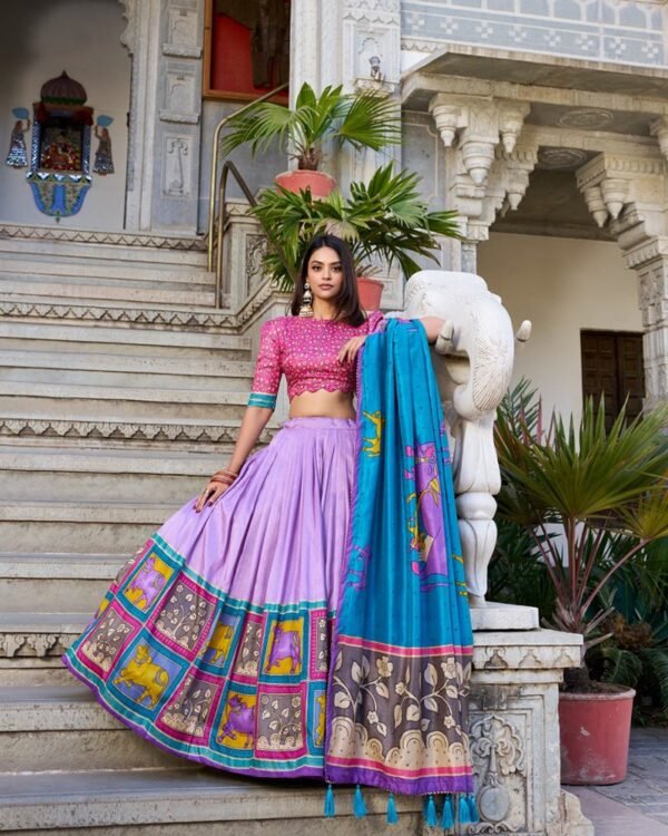 25_0f9252a6-bf53-4f44-80e2-5269009810c0-1.jpg Lavender Color Tussar Silk Kalamkari Printed Lehenga Choli