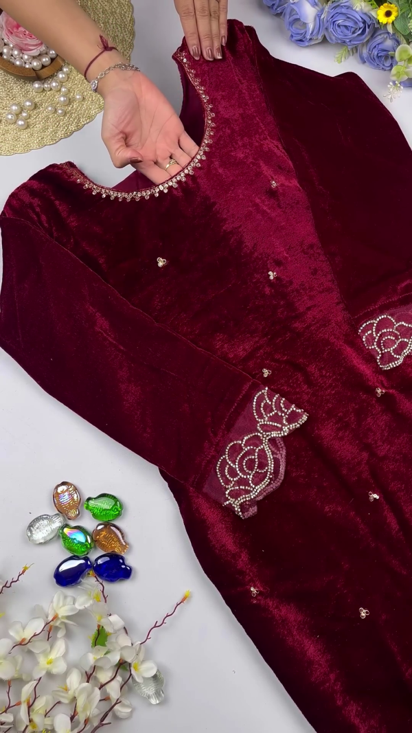 2609-1.png Premium Velvet Maroon Embellished Designer Kurti / Gown