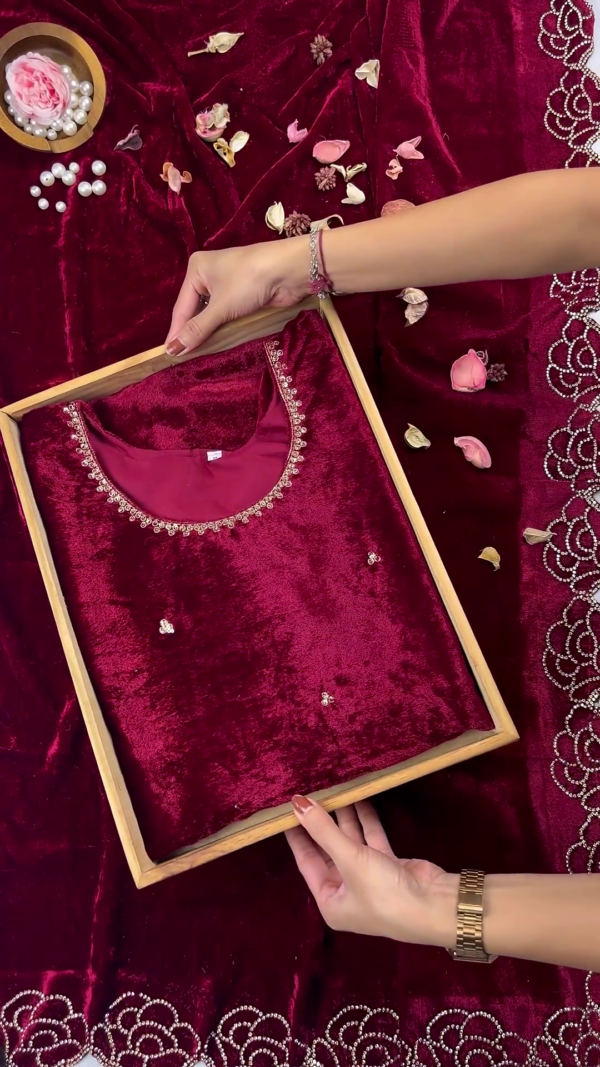 2609-2.png Premium Velvet Maroon Embellished Designer Kurti / Gown