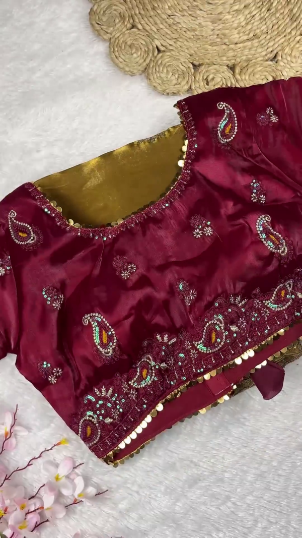 Premium Maroon Embroidered Designer Blouse with Heavy Golden Dupatta