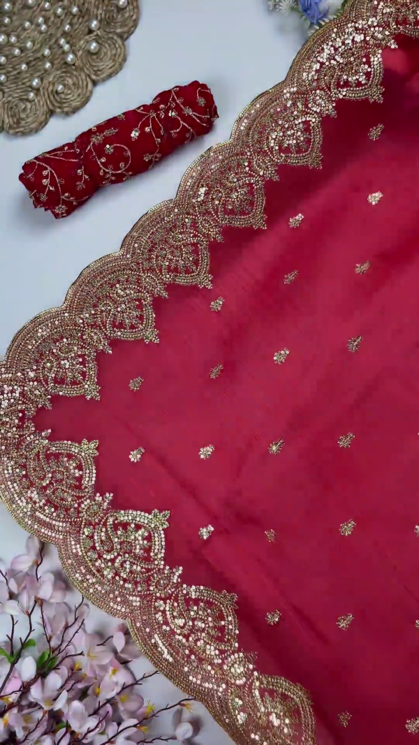2619-1.png Premium Bridal Red Heavy Embroidered Partywear Saree with Designer Blouse Fabric