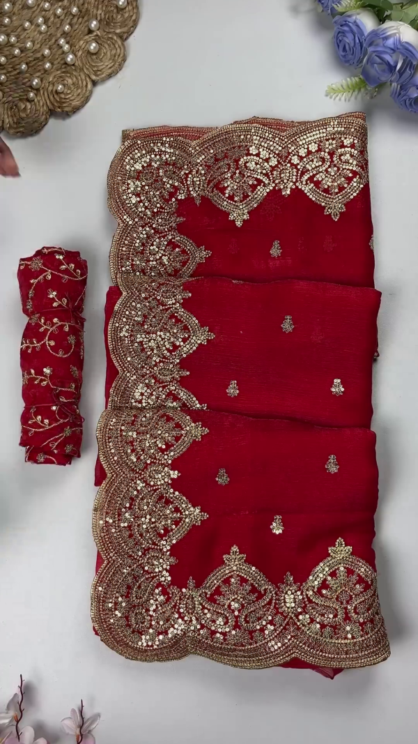 2619-2.png Premium Bridal Red Heavy Embroidered Partywear Saree with Designer Blouse Fabric