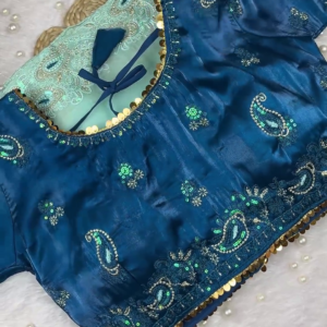 2627-1.png Peacock Blue Heavy Embroidered Designer Blouse with Coin Border