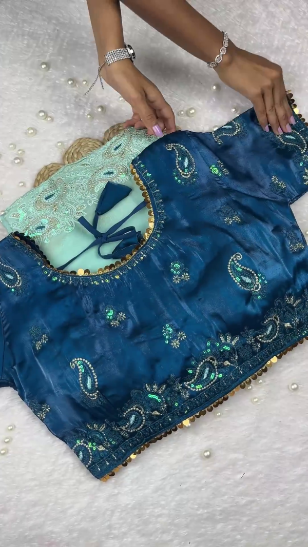 Peacock Blue Heavy Embroidered Designer Blouse with Coin Border