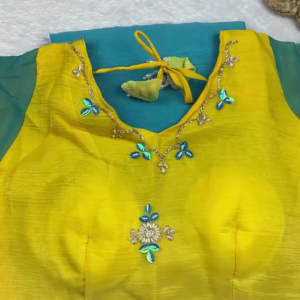 2635-3.png Vibrant Yellow Designer Hand-Embroidered Blouse with Ombre Dupatta Set