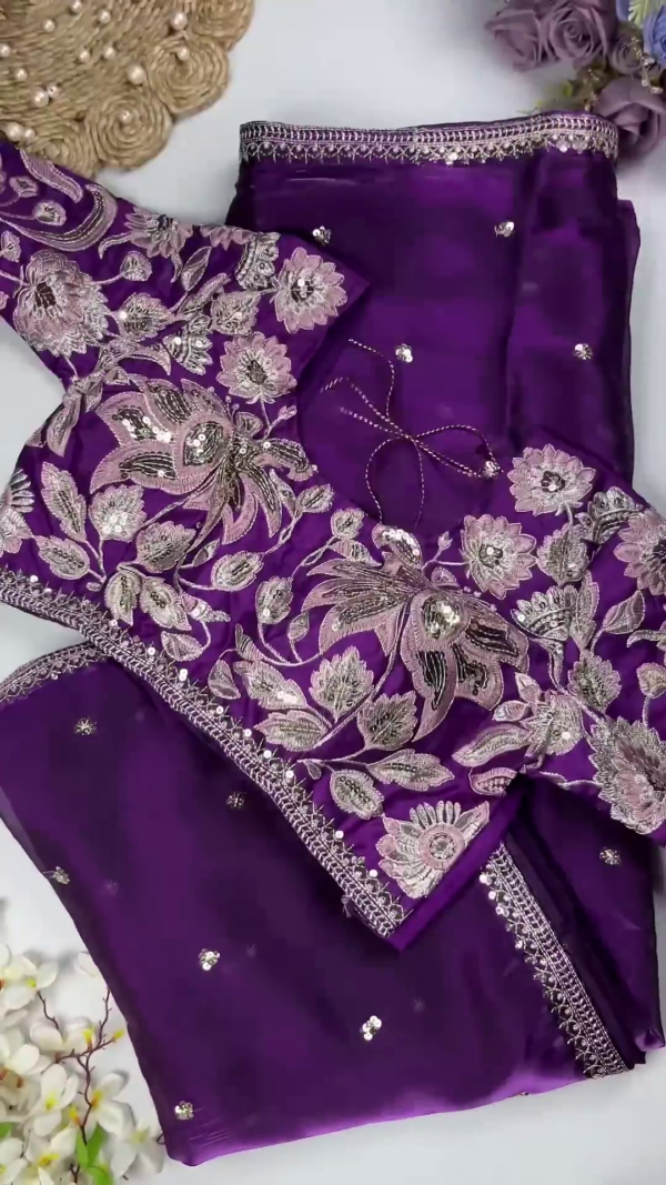 Royal Purple Heavy Embroidered Designer Blouse with Sequin Dupatta Set