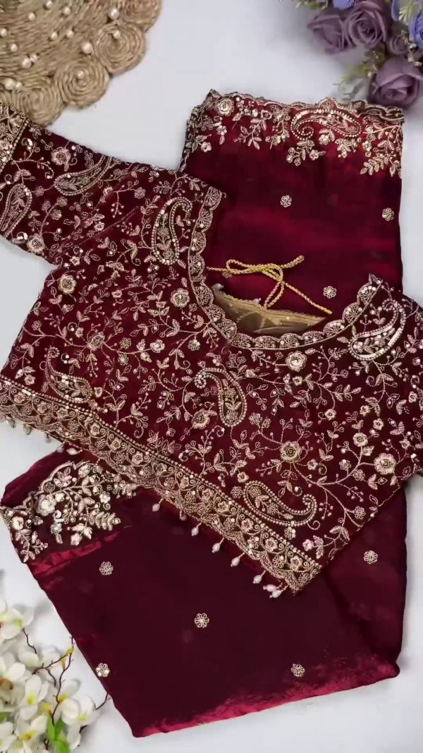 Royal Purple Heavy Embroidered Designer Blouse with Sequin Dupatta Set