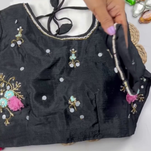 2638-2.png Midnight Black Floral Hand-Embellished Designer Blouse with Pearl Accents