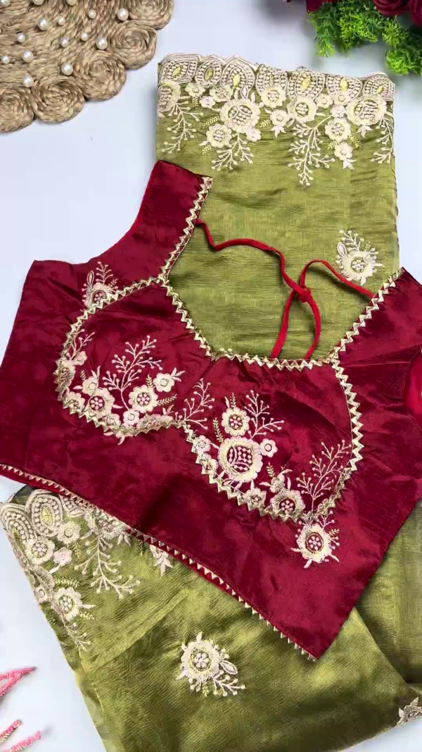 2647-2.png Royal Maroon Heavy Embroidered Designer Blouse with Olive Green Saree Set