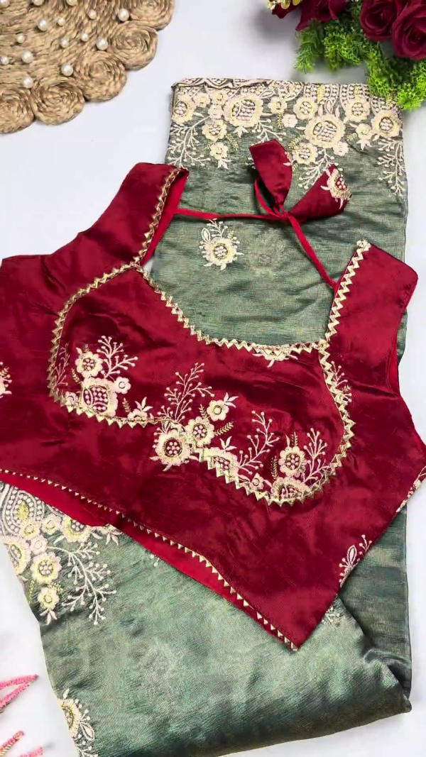 2647-4.png Royal Maroon Heavy Embroidered Designer Blouse with Olive Green Saree Set