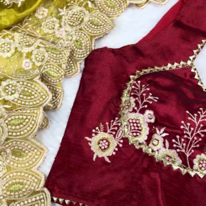 2650-1.png Regal Maroon Embroidered Blouse with Olive Green Scalloped Saree Set