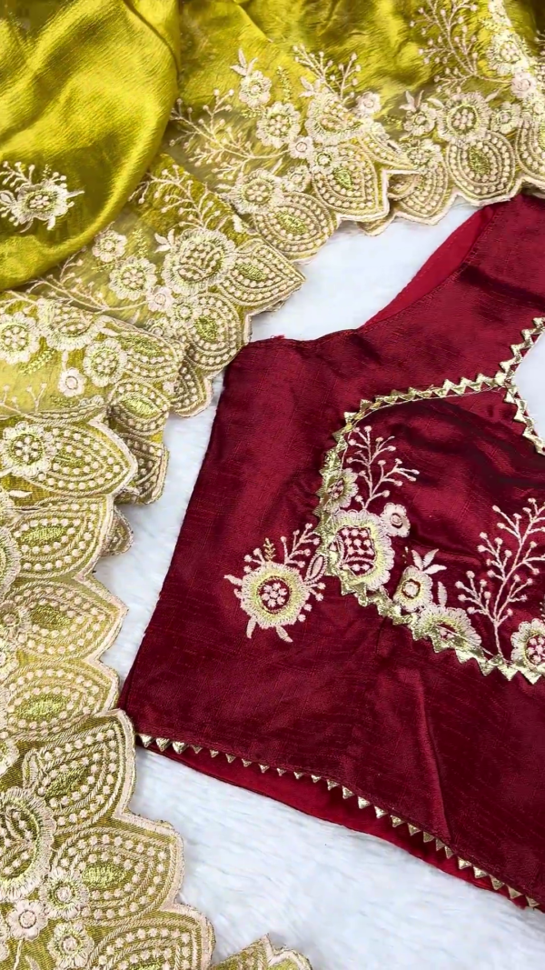 2650-1.png Regal Maroon Embroidered Blouse with Olive Green Scalloped Saree Set