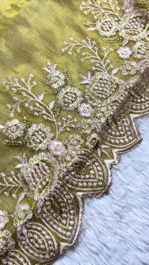 2650-3.png Regal Maroon Embroidered Blouse with Olive Green Scalloped Saree Set