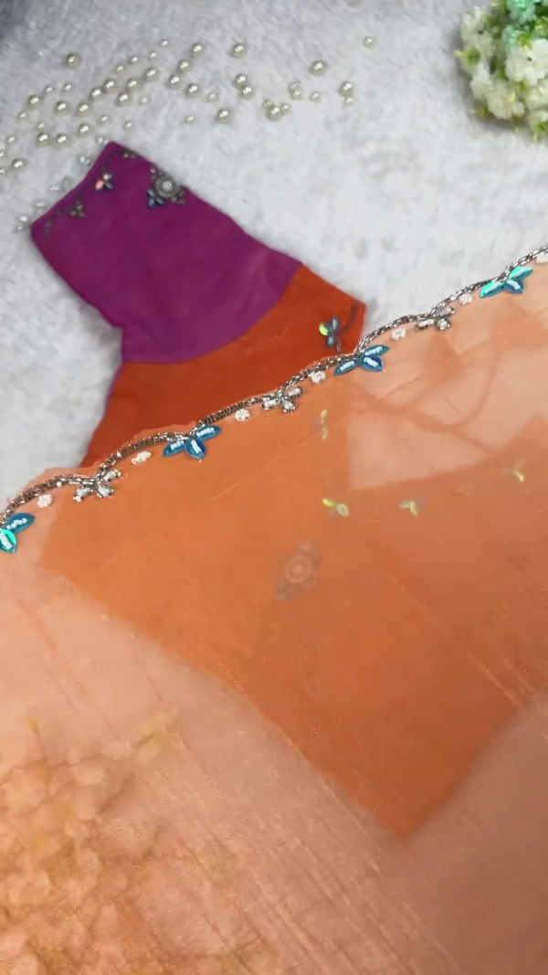Radiant Sunset Coral Designer Blouse with Ombre Saree Set