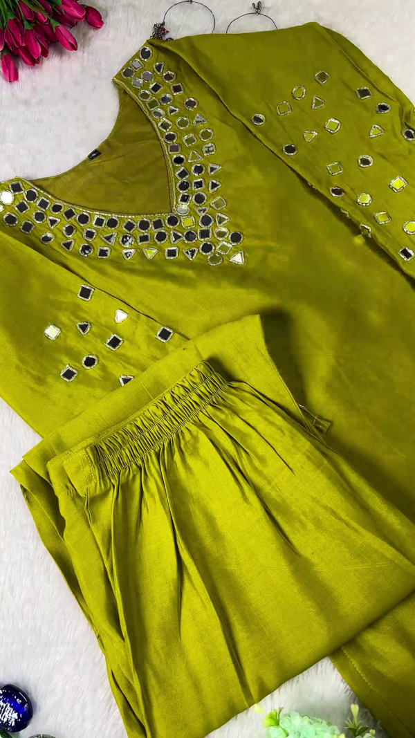 Lime Olive Mirror-Work Designer Kurta Set