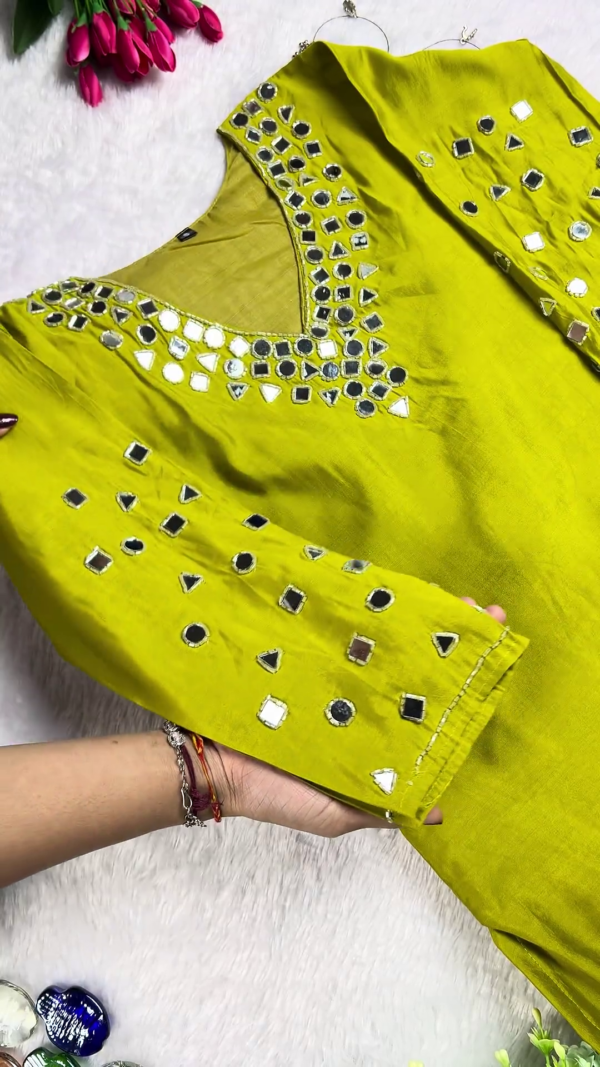 Lime Olive Mirror-Work Designer Kurta Set