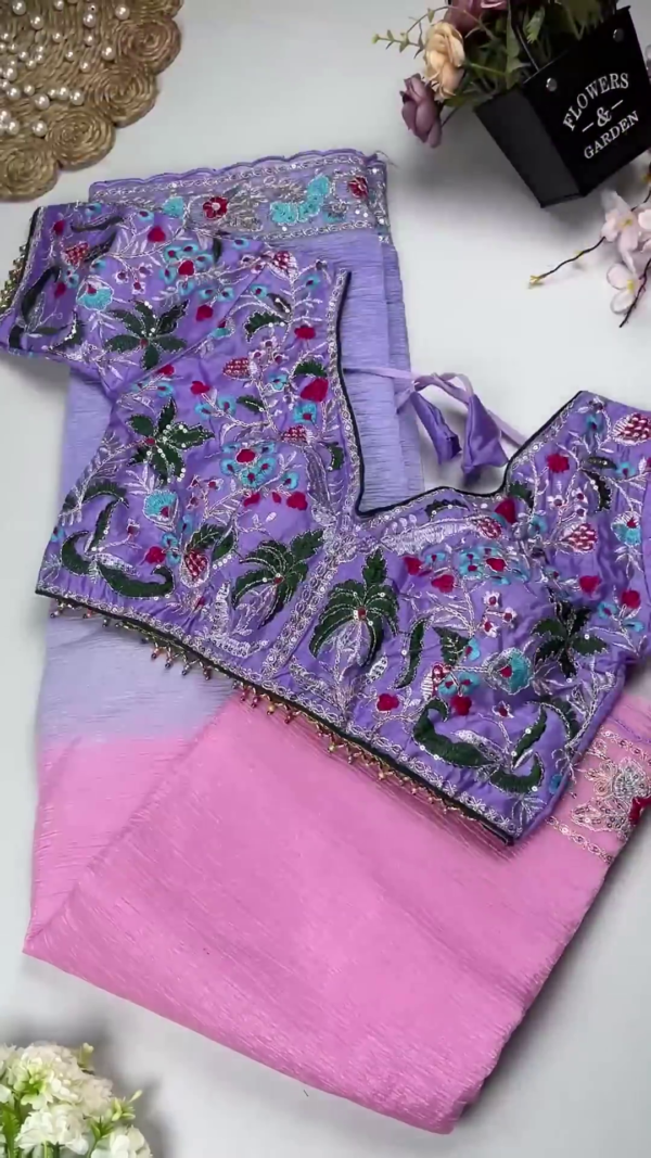 Azure Garden Embroidered Blouse with Ombre Lilac Saree Set
