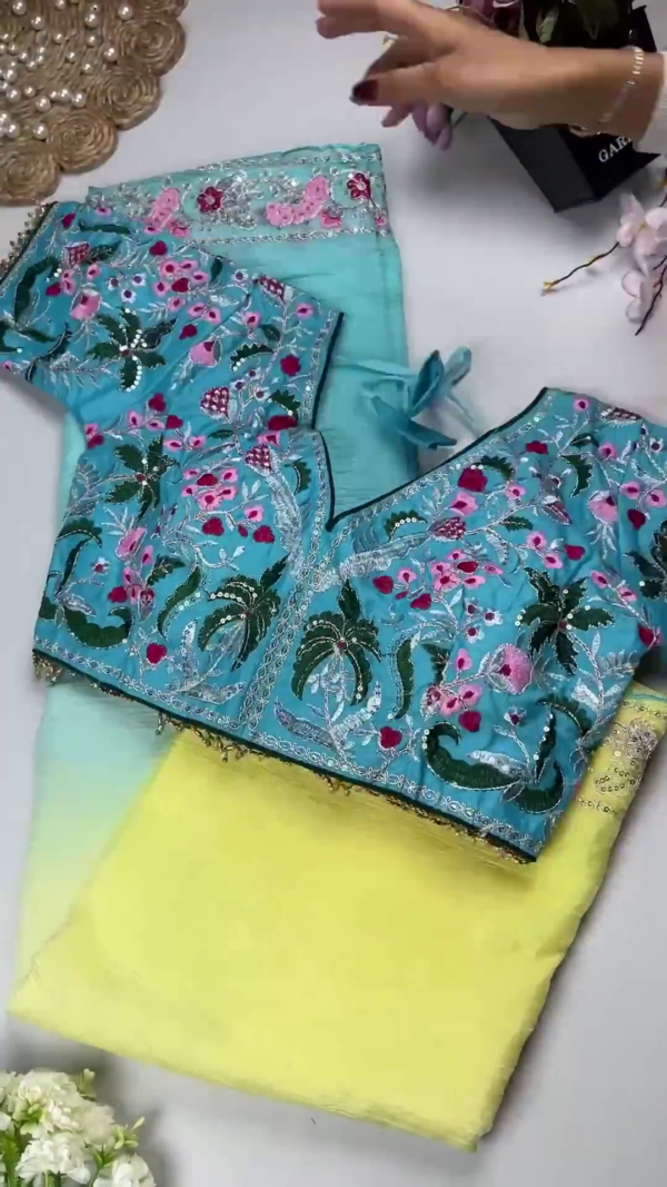 Azure Garden Embroidered Blouse with Ombre Lilac Saree Set