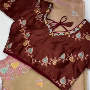 2656-1.png Royal Maroon Leaf-Embroidered Blouse with Sand Gold Saree Set