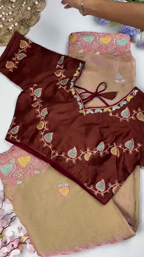 2656-1.png Royal Maroon Leaf-Embroidered Blouse with Sand Gold Saree Set