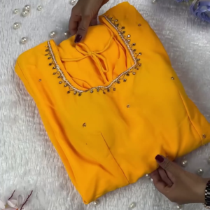 2657-2.png Sunlight Yellow Designer Gown with Ornate Pearl Borders