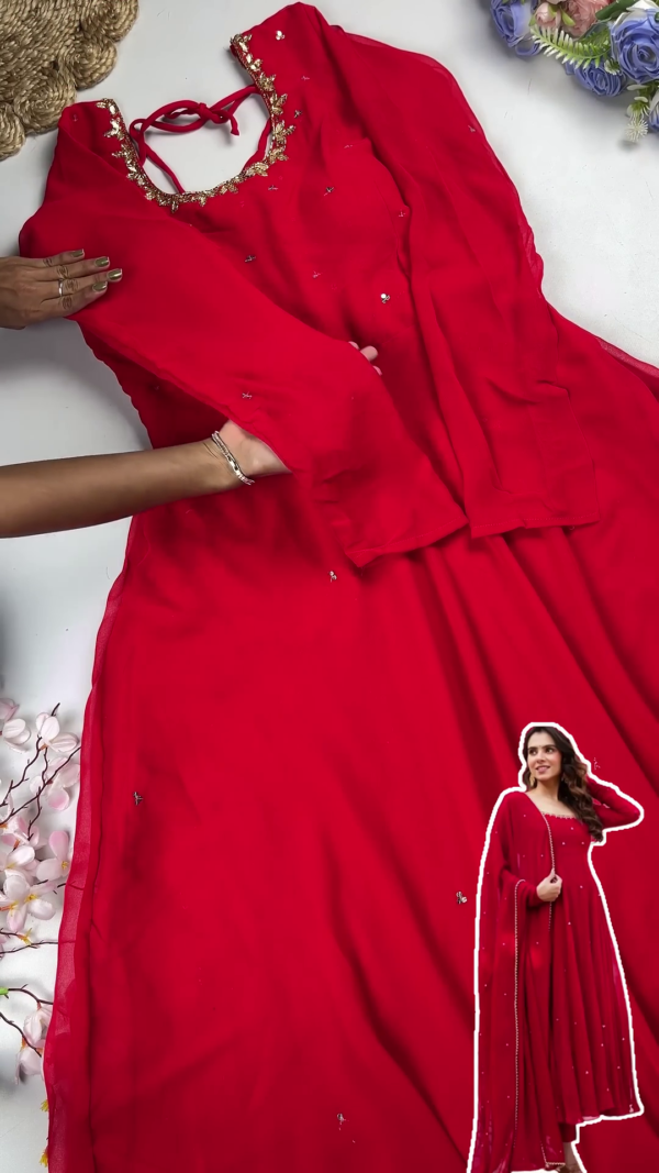 2664-1.png Classic Crimson Georgette Anarkali with Golden Vine Accents